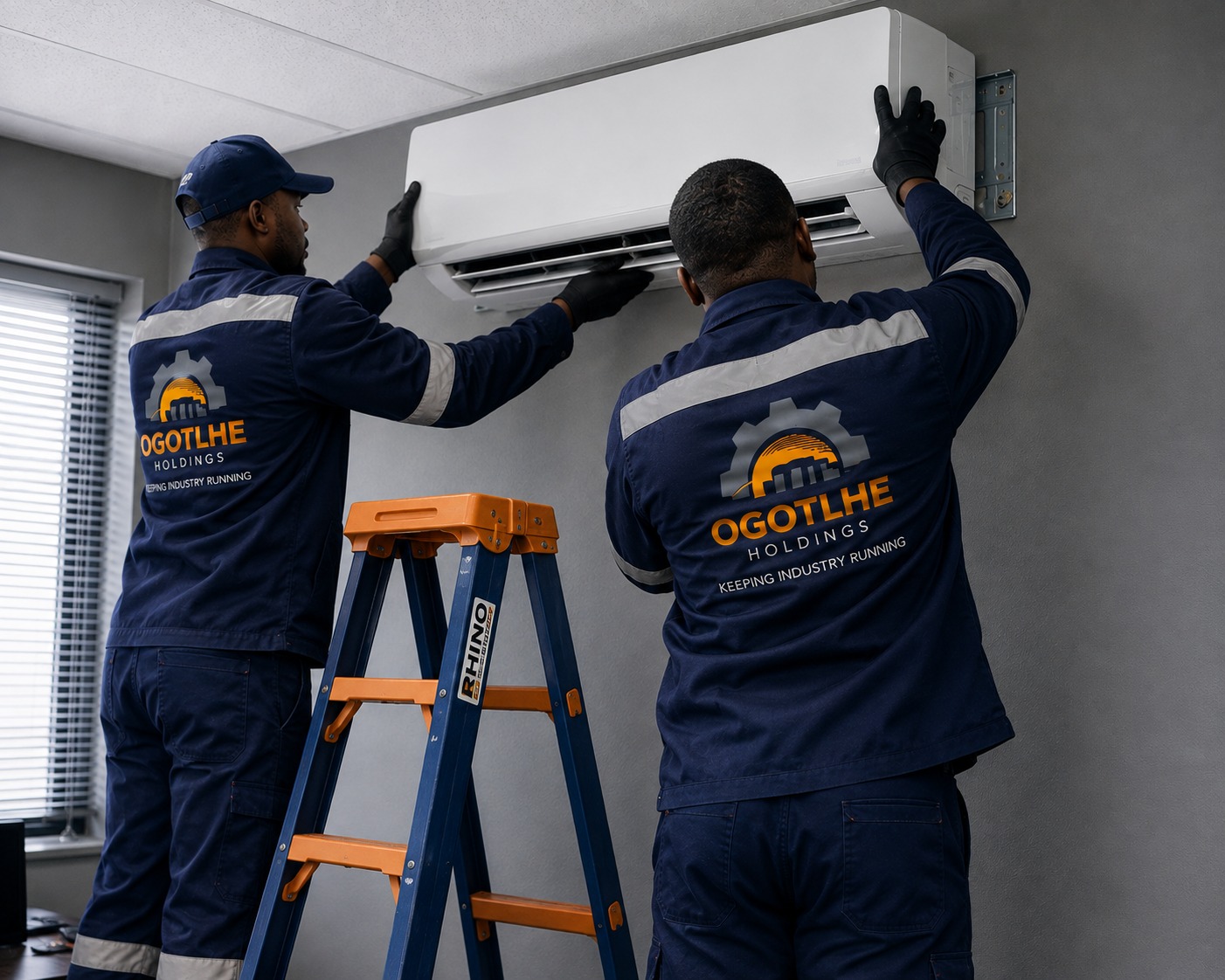 Ogotlhe Holdings technicians installing a wall-mounted split air-conditioning unit