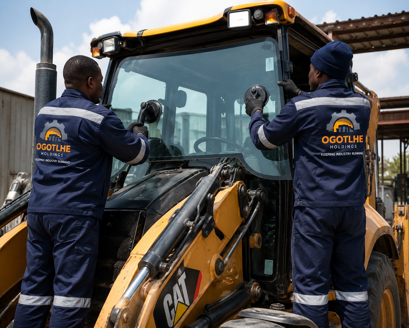 Ogotlhe technicians replacing cab glass on a CAT backhoe loader