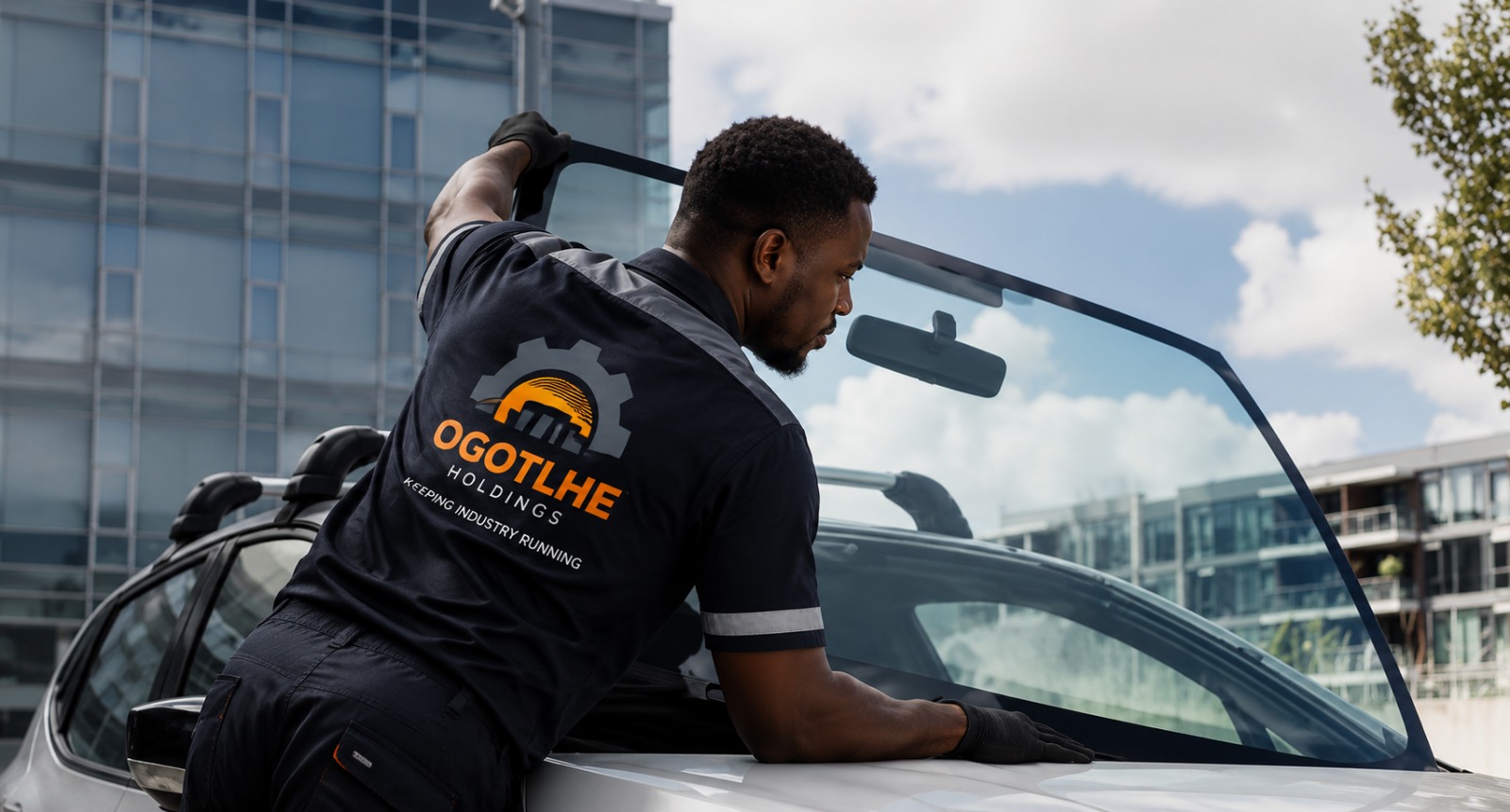 Ogotlhe Holdings technician fitting an automotive windscreen on site